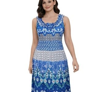 SUNNY LEIGH Size Small Blue Floral Sleeveless Pleated Rosette Ruffled Dress